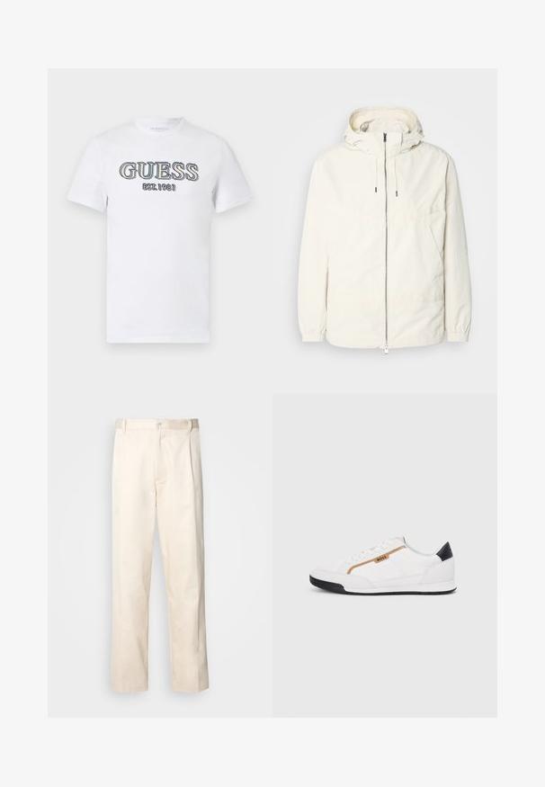 Lehká, krémově zbarvená bunda s kapucí, zipem vpředu, elastickými manžetami a klokaní kapsou. Hladká látka s minimem švových detailů.; Bílý krátký rukáv tričko vyrobené z bavlny, s barevně vyšitým logem "GUESS" a textem "EST. 1981" na přední straně.; Bežové bavlněné kalhoty se střihy rovného nohavice, s knoflíkovým zapínáním a záhyby vpředu pro zvýraznění detailu.; Bílé sportovní boty s akcenty z meshe a kůže. Mají zlaté logo "BOSS", texturované boční panely a černý podpatek. Gumová podrážka.