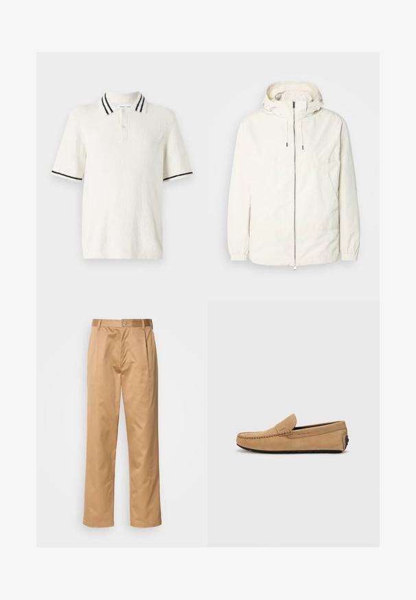 Lengvas, kreminės spalvos švarkas su kapišonu, užtrauktuku priekyje, elastingomis rankovėmis ir kengūros kišene. Lygus audinys su minimaliais siūlių detalėmis.; Trumpas rankovės polo marškinėliai kreminės spalvos tekstūruoto audinio, su megztu apykakle, turinčia dvi juodas juostas, ir trijų mygtukų užsegimu.; Kaki kelnės, medvilnės mišinys, tiesaus kirpimo dizainas, priekiniai raukiniai, diržo kilpos ir mygtuko uždarymas. Lygus audinys be raštų.; Smėlinės zomšinės mokasinės su siūtu pirštu, lengvu uždėjimu ir juodu guminiu padu. Pusėje yra subtili ženklų identifikacija.