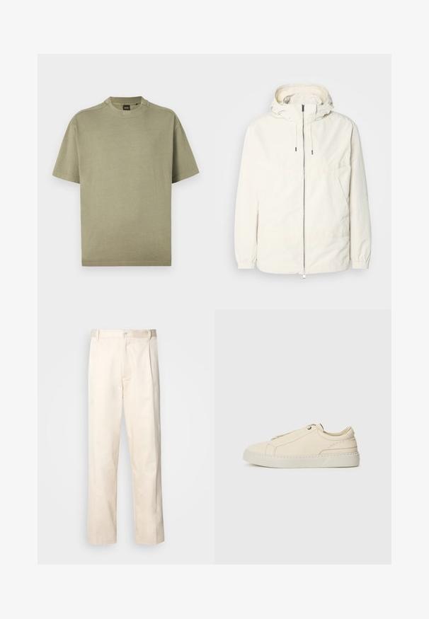 Lehká, krémově zbarvená bunda s kapucí, zipem vpředu, elastickými manžetami a klokaní kapsou. Hladká látka s minimem švových detailů.; Olivově zelené tričko s krátkým rukávem vyrobené z měkké bavlny, s kulatým výstřihem a jednoduchým designem, na kterém je nenápadné logo na límci.; Bežové bavlněné kalhoty se střihy rovného nohavice, s knoflíkovým zapínáním a záhyby vpředu pro zvýraznění detailu.; Krémové kožené tenisky s kulatou špičkou, minimalistickým designem, jemnými švy a texturovaným svrškem, na světlé podrážce.