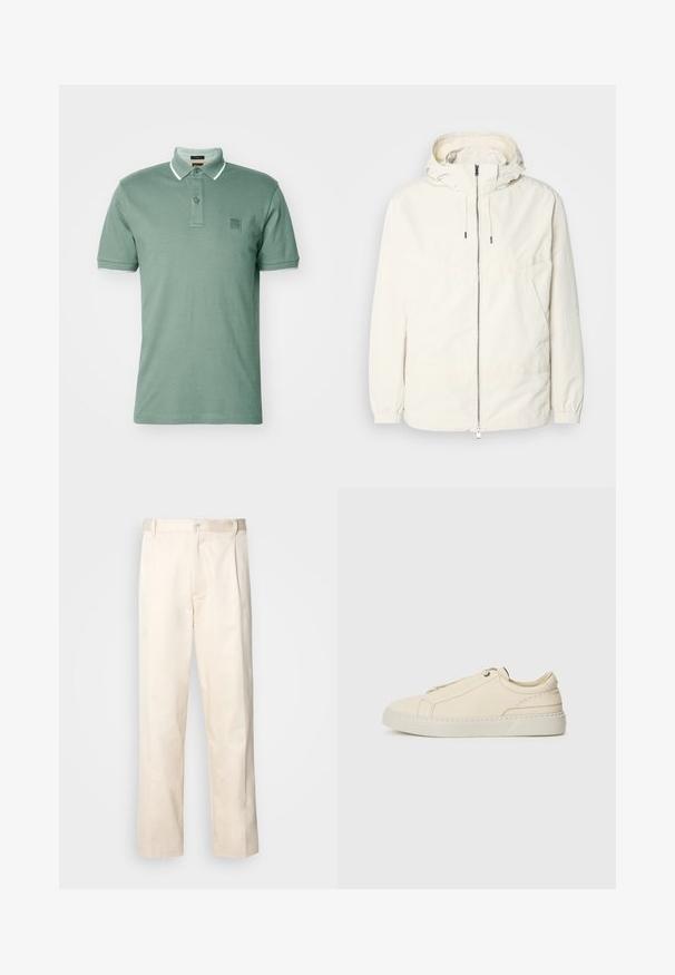 Chaqueta ligera de color crema con capucha, cierre de cremallera en la parte delantera, puños elásticos y un bolsillo tipo canguro. Tejido suave con detalles de costura mínimos.; BOSS PASSERTIP - Polo - open green; Pantalones de algodón beige con corte recto, que cuentan con un cierre de botón y pliegues en la parte frontal para un detalle adicional.; Zapatilla de cuero beige con punta redondeada, diseño minimalista, detalles de costura sutiles y parte superior texturizada, sobre una suela clara.