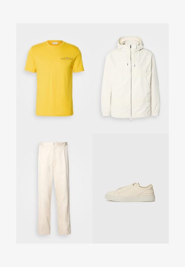 Lahka, svetločrna jakna s kapuco, z zadrgo spredaj, elastičnimi manšetami in kenguru žepom. Gladka tkanina z minimalnimi šivi.; Rumena bombažna majica s kratkimi rokavi in okroglim ovratnikom, z natisnjenim logotipom na levi prsni strani, ki se ponaša z gladko teksturo in sproščenim dizajnom.; Bež cottone hlače s ravnim krojem, ki imajo gumbasto zapiranje in nabore spredaj za dodatne detajle.; Bež usnjeni športni copat s zaobljenim nosom, minimalistična zasnova, subtilne šivane podrobnosti in teksturirana zgornja stran, na svetlem podplatu.