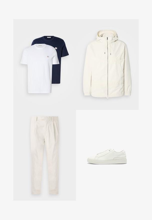 Lightweight, cream-colored jacket with a hood, zip front, elastic cuffs, and a kangaroo pocket. Smooth fabric with minimal stitching details.; Cotton t-shirt pack in white and navy. Each features a crew neck, short sleeves, and a small logo patch on the chest.; White, pleated trousers with a tailored fit, featuring a smooth texture, belt loops, and tapered legs. No visible pockets or patterns.; White leather sneaker featuring a textured upper, a round toe, minimalistic design, and a rubber sole with stitched detailing.