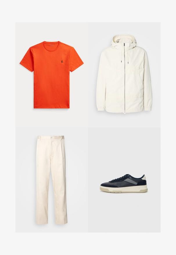 Gaisas, krēmkrāsas jaka ar kapuci, ar rāvējslēdzēju priekšpusē, elastīgām aprocēm un kangaroo kabatu. Gluda auduma virsma ar minimālām šuvju detaļām.; Oranža kokvilnas T-krekls ar apaļu kakla izgriezumu, īsām piedurknēm un mazu zaļu izšūtu logo uz kreisās krūtis. Gluda tekstūra.; Bežā krāsā auduma bikses ar taisnu kāju griezumu, pievienotām pogu aizdares un priekšējiem krokām papildu detaļām.; BOSS BALTIMORE - Sporta apavi - open blue