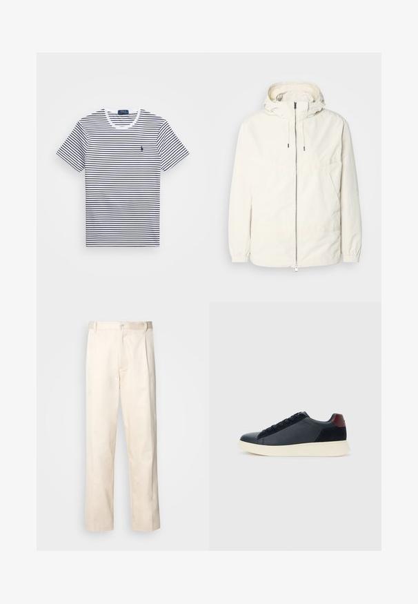 Gaisas, krēmkrāsas jaka ar kapuci, ar rāvējslēdzēju priekšpusē, elastīgām aprocēm un kangaroo kabatu. Gluda auduma virsma ar minimālām šuvju detaļām.; Svītrkota T-kreklu balta ar tumši ziliem horizontāliem svītrām, īsām piedurknēm, apaļu kakla izgriezumu un mazs logotips kreisajā krūtīs.; Bežā krāsā auduma bikses ar taisnu kāju griezumu, pievienotām pogu aizdares un priekšējiem krokām papildu detaļām.; Zemāko vīriešu sporta apavu modelis melnā ādas un zamša apdarē ar bordo krāsas papēža cilpu un baltu gumijas zoli, skatoties no ārējās puses.