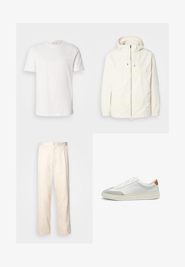 Giacca leggera di colore crema con cappuccio, chiusura frontale con zip, polsini elastici e tasca a marsupio. Tessuto liscio con dettagli di cucitura minimi.; T-shirt bianco in cotone con maniche corte, caratterizzato da un logo in rilievo discreto sul petto. Design girocollo classico, texture morbida.; Pantaloni in cotone beige con taglio dritto, dotati di chiusura a bottone e pence sul davanti per un tocco di dettaglio in più.; Sneakers bianchi in pelle con accenti in suede grigio e un tallone in pelle beige. Presentano una superficie testurizzata e una suola leggera.