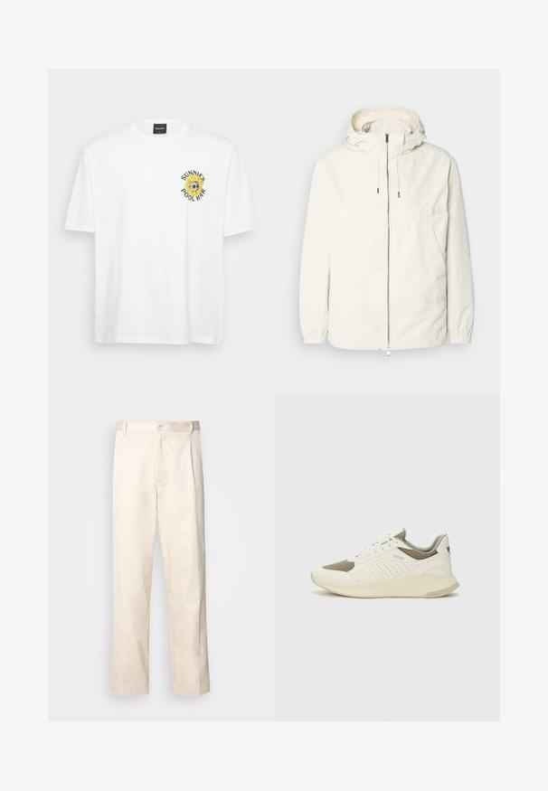 Kevyt, kermaisen valkoinen takki, jossa on huppu, vetoketjusuljenta, joustavat hihansuut ja kengurupocket. Sujuva kangas, jossa on minimaalista ompelutapaa.; Valkoinen puuvillapaita, jossa on pyöreä kaula-aukko, lyhyet hihat ja auringonkukka grafiikka, jossa lukee "SUNNIES POOL BAR" vasemmassa rinnassa.; Vaaleanbeige puuvillahousut, joissa on suora lahje, varustettu nappisulkeisella ja etupuolella olevilla laskoksilla lisäyksinä.; Valkoinen ja vaaleanbeige urheilukengät, joissa on verkkomateriaali yläosa, rei'itettyjä yksityiskohtia ja teksturoitu välipohja, jossa on brändäys kantapäässä.