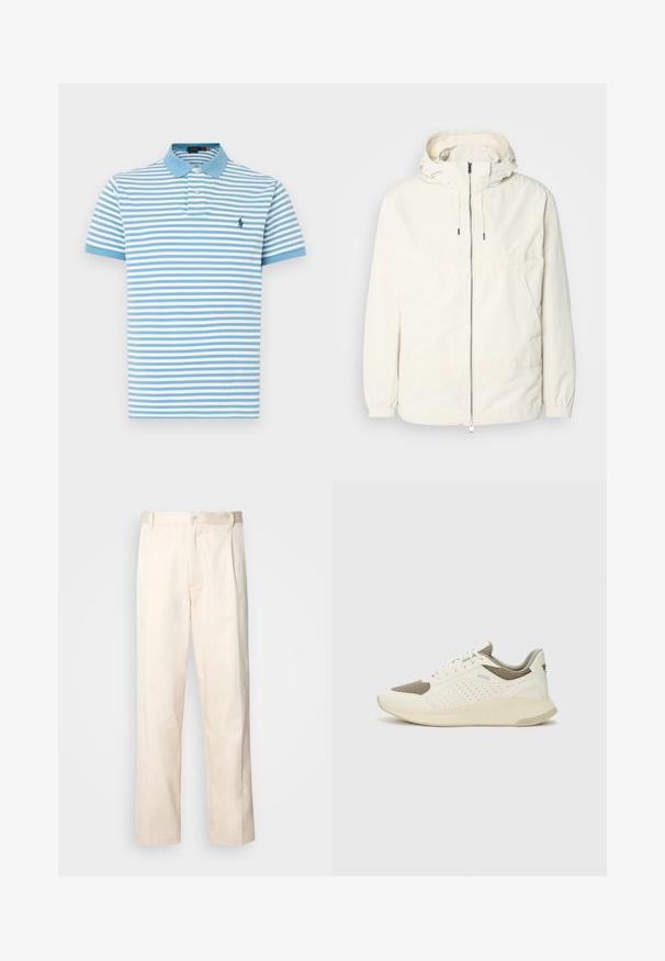 Ľahká, krémová bunda s kapucňou, zipsom vpredu, elastickými manžetami a klokannou vreckom. Hladká tkanina s minimálnymi stehovými detailmi.; Svetlomodrá a biela polo košeľa s krátkym rukávom s horizontálnymi pruhmi, modrým golierom a malým vyšívaným logom na ľavej strane hrudníka.; Béžové bavlnené nohavice so strihom rovného nohu, s gombíkovým zapínaním a záhybmi vpredu pre pridanie detailu.; Biele a svetlo béžové športové tenisky s hornou časťou z mriežkového materiálu, perforovanými detailmi a textúrovanou medzipodrážkou s logom na päte.
