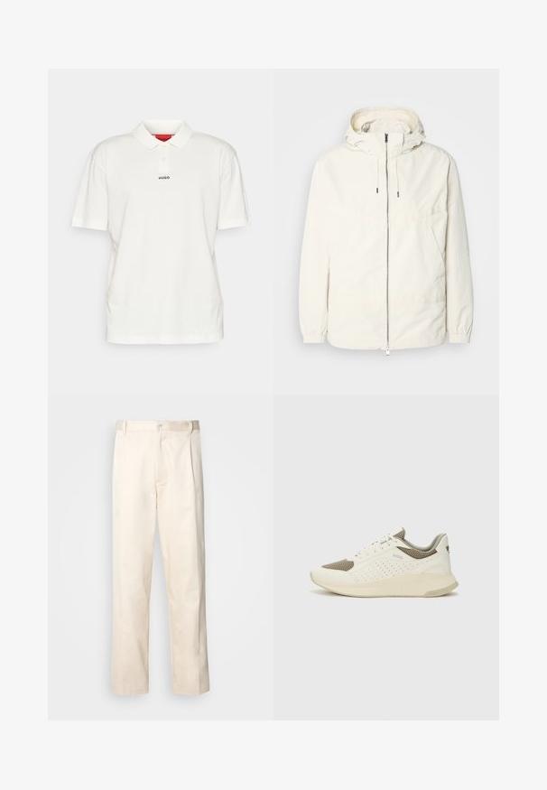 Kerge, kreemivärvi jakk, kapuutsiga, lukuga ees, elastsete mansettide ja känguru taskuga. Sile kangas minimaalsete õmblusdetailidega.; HUGO DANGULA - Polosärk - open white; Beesidised puuvillased püksid sirge jala lõikega, mis on varustatud nööpkinnituse ja ees olevate voltidega, et lisada detaili.; Valge ja heledat beeži värvi spordijalats, millel on õhuke võrkmaterjal, perforatsioonidega detailid ning tekstuuriga vahetald, millel on brändi logo kannaosas.