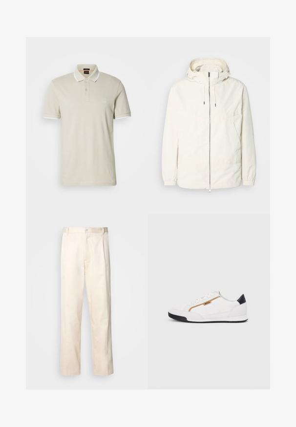 Lengvas, kreminės spalvos švarkas su kapišonu, užtrauktuku priekyje, elastingomis rankovėmis ir kengūros kišene. Lygus audinys su minimaliais siūlių detalėmis.; Šviesiai smėlinis medvilninis polo marškinėliai su balta apykakle ir rankovių akcentais, turintys dvi mygtukų sagas ir logotipo užsegimą krūtinėje.; Bežinės medvilninės kelnės su tiesiu kirpimu, turinčios mygtuko uždarymą ir priekyje raukšles papildomai dekoratyviam akcentui.; Balti sportiniai bateliai su tinklinėmis ir odinėmis detalėmis. Yra auksinė "BOSS" logotipas, tekstūruoti šonai ir juodas kulno dangtelis. Guminis padas.