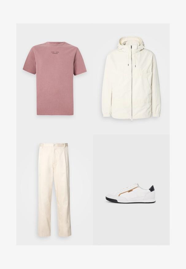 Jachetă ușoară, de culoare crem, cu glugă, fermoar în față, manșete elastice și buzunar tip kangaroo. Material neted cu detalii de cusătură minime.; Tricou cu mânecă scurtă, în nuanță de trandafir prăfuit, realizat din bumbac moale. Dispune de un guler rotund și un mic logo negru pe spate. Design simplu.; Pantaloni din bumbac bej, cu croială dreaptă, dotati cu închidere cu nasture și pliuri în față pentru un plus de detaliu.; Adidași albi cu detalii din plasă și piele. Prezintă un logo auriu "BOSS", panouri laterale texturate și un capac pentru călcâi negru. Talpă din cauciuc.