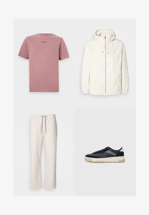 Kerge, kreemivärvi jakk, kapuutsiga, lukuga ees, elastsete mansettide ja känguru taskuga. Sile kangas minimaalsete õmblusdetailidega.; Lühikeste varrukatega t-särk tolmust roosat värvi, valmistatud pehmest puuvillast. Omab ümarat kaelaauku ja väikest musta logo taga. Lihtne disain.; Kreemivärvilised igapäevased püksid, millel on paelaga vöö ja sirged jalad, esitledes puhtal valgel taustal.; BOSS BALTIMORE - Tossud - open blue