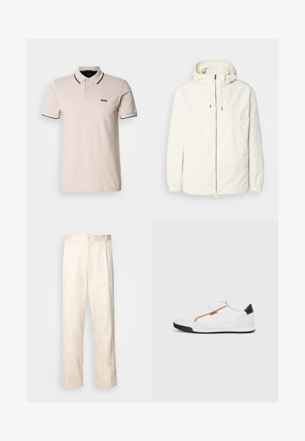 Gaisas, krēmkrāsas jaka ar kapuci, ar rāvējslēdzēju priekšpusē, elastīgām aprocēm un kangaroo kabatu. Gluda auduma virsma ar minimālām šuvju detaļām.; Kādu krēmbaltu polo kreklu no kokvilnas ar klasisku apkakli. Piedurknes rotā melnbriļļu svītras un mazs logos.; Bežā krāsā auduma bikses ar taisnu kāju griezumu, pievienotām pogu aizdares un priekšējiem krokām papildu detaļām.; Baltijas krāsā baltas sporta kurpes ar acu un ādas akcentiem. Iezīmējas ar zelta "BOSS" logo, teksturētām sānu paneļiem un melnu papēža kapu. Gumijas zole.