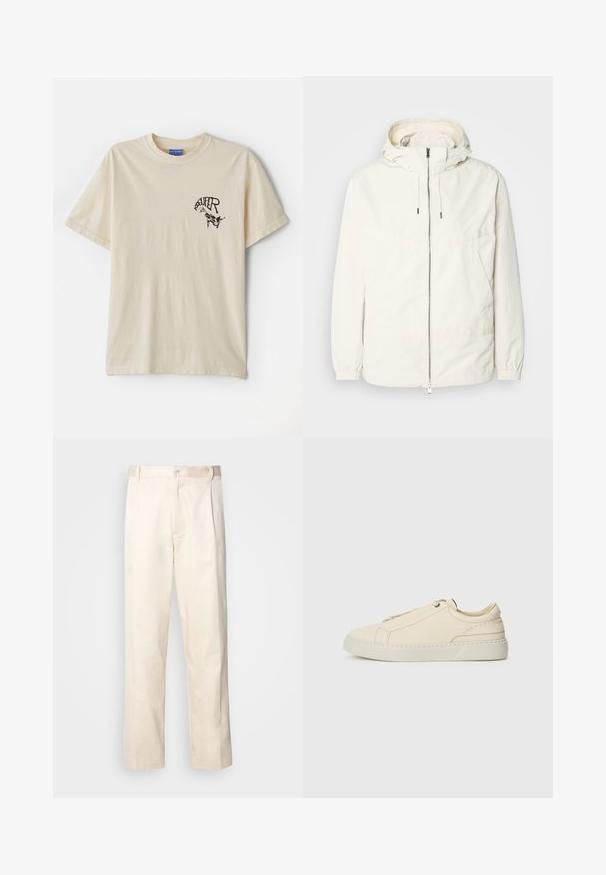 Ľahká, krémová bunda s kapucňou, zipsom vpredu, elastickými manžetami a klokannou vreckom. Hladká tkanina s minimálnymi stehovými detailmi.; Krémové bavlnené tričko s krátkymi rukávmi, s čiernym grafickým textom a ilustráciou v oblasti ľavého hrudníka.; Béžové bavlnené nohavice so strihom rovného nohu, s gombíkovým zapínaním a záhybmi vpredu pre pridanie detailu.; Beige kožené tenisky s okrúhlou špičkou, minimalistickým dizajnom, jemnými švy a textúrovaným povrchom, na svetlej podrážke.