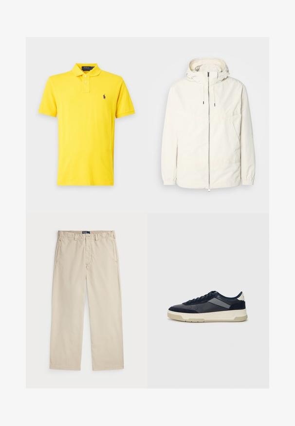 Lehká, krémově zbarvená bunda s kapucí, zipem vpředu, elastickými manžetami a klokaní kapsou. Hladká látka s minimem švových detailů.; Polo Ralph Lauren THE ICONIC MESH POLO SHIRT - Polotričko - lemon rind; Beige bavlněné chinos kalhoty se střihem rovného nohavice, vybavené knoflíkovým zapínáním a dvěma předními kapsami. Hladká textura a jednofarebný design.; BOSS BALTIMORE - Tenisky - open blue
