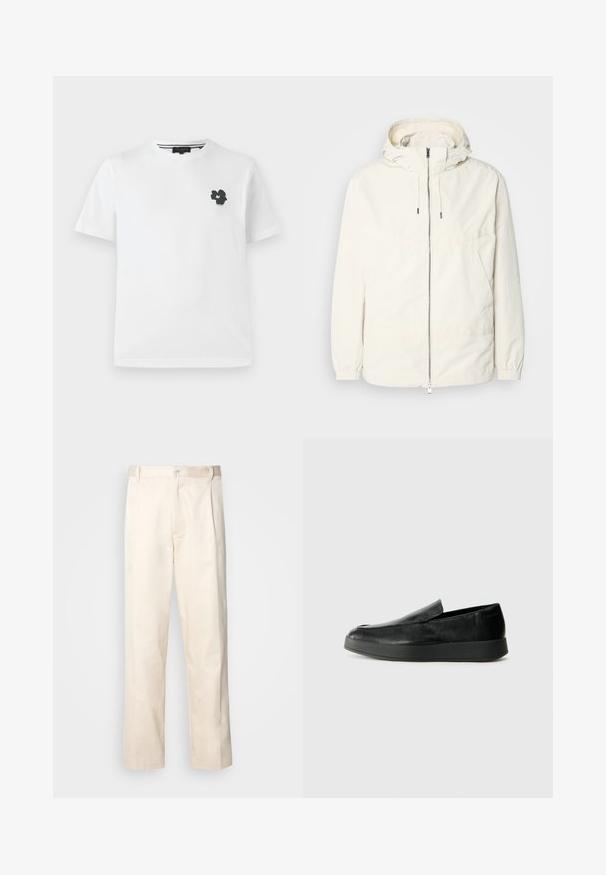 Kerge, kreemivärvi jakk, kapuutsiga, lukuga ees, elastsete mansettide ja känguru taskuga. Sile kangas minimaalsete õmblusdetailidega.; Valge puuvillane T-särk V-kaelusega, millel on vasakul rinnal väike must lilleline graafika. Lühikesed varrukad ja mugav lõige.; Beesidised puuvillased püksid sirge jala lõikega, mis on varustatud nööpkinnituse ja ees olevate voltidega, et lisada detaili.; Calvin Klein HYBRID CUP - Jalga libistatavad jalanõud - triple black