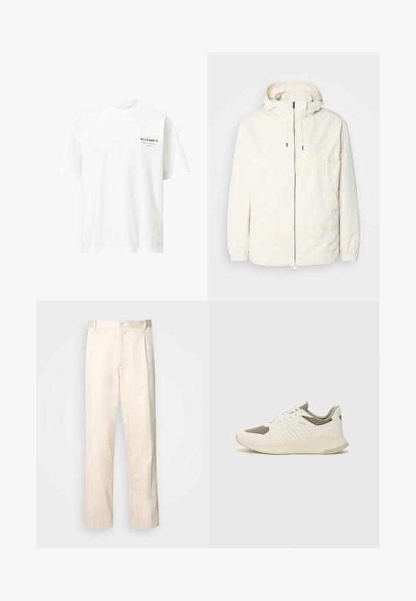 Chaqueta ligera de color crema con capucha, cierre de cremallera en la parte delantera, puños elásticos y un bolsillo tipo canguro. Tejido suave con detalles de costura mínimos.; Camiseta de algodón blanca con mangas cortas, cuello redondo y un pequeño logo en negro y dorado en el lado izquierdo del pecho. Dobladillo recto en la parte inferior.; Pantalones de algodón beige con corte recto, que cuentan con un cierre de botón y pliegues en la parte frontal para un detalle adicional.; Zapatilla deportiva en blanco y beige claro, con parte superior de malla, detalles perforados y una mediasuela texturizada con la marca en el talón.