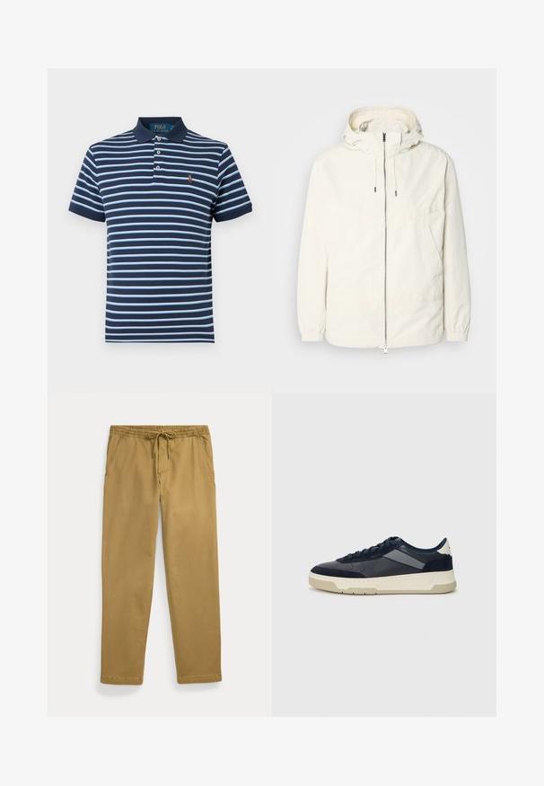 Lehká, krémově zbarvená bunda s kapucí, zipem vpředu, elastickými manžetami a klokaní kapsou. Hladká látka s minimem švových detailů.; Námořnická modrá polo tričko se světle modrými vodorovnými pruhy. Má límec, tři knoflíky a malé vyšívané logo na hrudi.; Khaki kalhoty rovného střihu s elastickým pasem a předním stahováním, vybavené šikmými předními kapsami a prošívanými lemy.; BOSS BALTIMORE - Tenisky - open blue