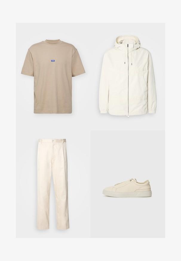 Kerge, kreemivärvi jakk, kapuutsiga, lukuga ees, elastsete mansettide ja känguru taskuga. Sile kangas minimaalsete õmblusdetailidega.; Beež puuvillane T-särk kõrge kaelusega, lühikeste varrukatega ja rinna peal väike sinine ristkülikukujuline logo, millel on kirjas "HUGO".; Beesidised puuvillased püksid sirge jala lõikega, mis on varustatud nööpkinnituse ja ees olevate voltidega, et lisada detaili.; Beige nahkased kingad ümmarguse varbaga, minimalistlik disain, peened õmbluse detailid ja tekstureeritud pealispind, heledal tallal.