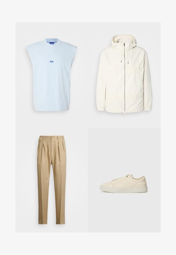 Könnyű, tejszínszínű dzseki kapucnival, cipzáras elülső résszel, rugalmas mandzsettákkal és kenguruzsebbel. Simaszerű anyag minimális varrási részletekkel.; Világoskék ujjatlan póló, pamutból készült, kerek nyakkivágással és középen elhelyezett kék logóval a márka azonosításához.; Beige vászon nadrág egyenes szabással, két első redővel, gombos záródással és oldalzsebekkel. Tömör textúrájú anyag sima felülettel.; Beige bőr sneaker, lekerekített orral, minimalista dizájnal, finom varrási részletekkel és texturált felsőrésszel, világos talpon.