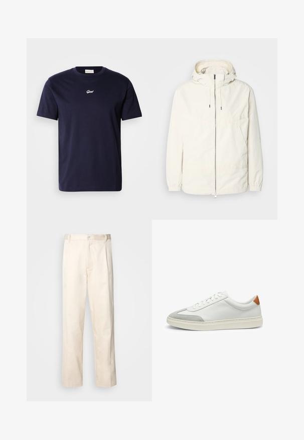 Lightweight, cream-colored jacket with a hood, zip front, elastic cuffs, and a kangaroo pocket. Smooth fabric with minimal stitching details.; Navy blue cotton t-shirt with short sleeves and a crew neckline. Features a small white embroidered logo on the chest.; Beige cotton trousers with a straight-leg cut, featuring a button closure and pleats at the front for added detail.; White leather sneakers with gray suede accents and a tan leather heel tab. Features a textured surface and lightweight sole.