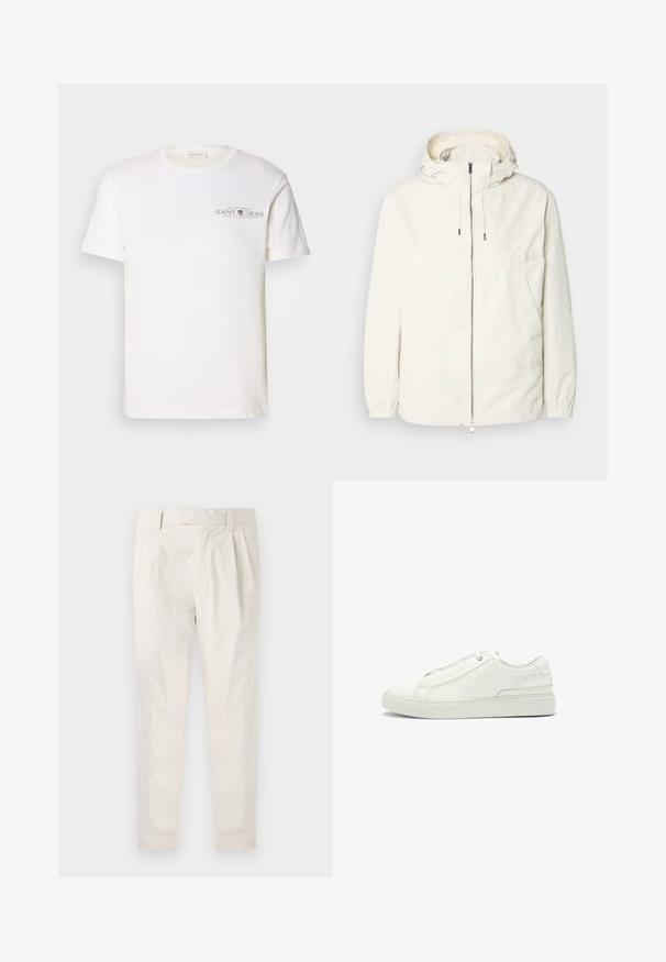 Leichte, cremefarbene Jacke mit Kapuze, Reißverschluss vorne, elastischen Bündchen und einer Kängurutasche. Glattes Gewebe mit minimalen Nähdetails.; Weißes Baumwoll-T-Shirt mit Rundhalsausschnitt, kurzen Ärmeln und einem bedruckten Logo. Verfügt über ein minimalistisches Design und eine lockere Passform.; Weiße, plissierte Hose mit taillierten Schnitt, die eine glatte Textur, Gürtelschlaufen und schmal zulaufende Beine aufweist. Keine sichtbaren Taschen oder Muster.; Weiße Leder-Sneaker mit strukturierter Oberseite, runder Zehenform, minimalistischem Design und Gummisohle mit gestickten Details.