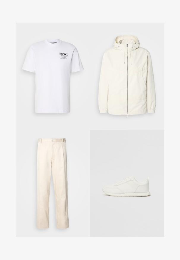 Kerge, kreemivärvi jakk, kapuutsiga, lukuga ees, elastsete mansettide ja känguru taskuga. Sile kangas minimaalsete õmblusdetailidega.; Valge lühikeste varrukatega T-särk, mis on valmistatud puuvillast. Ees on must graafiline print vasakul rinna piirkonnas, milles on tekst ja logo. Klassikaline ümmargune kaelus.; Beesidised puuvillased püksid sirge jala lõikega, mis on varustatud nööpkinnituse ja ees olevate voltidega, et lisada detaili.; Valged tennisesid, millel on võrgust ja sünteetilisest materjalist ülemine osa, ümar varvas, lamedad paelad ja tekstureeritud külgmine triip. Kummist tallaosa, tagaküljel tõmbetab.