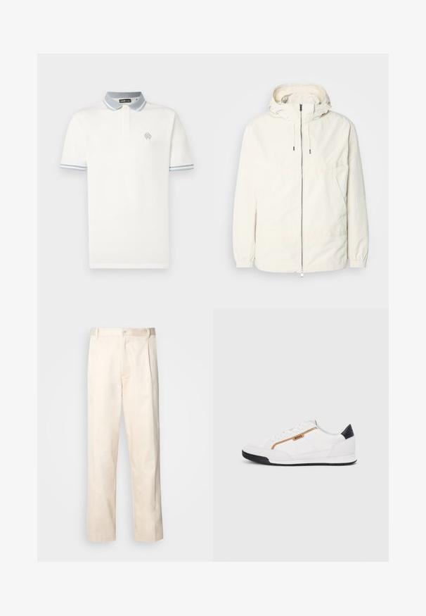 Gaisas, krēmkrāsas jaka ar kapuci, ar rāvējslēdzēju priekšpusē, elastīgām aprocēm un kangaroo kabatu. Gluda auduma virsma ar minimālām šuvju detaļām.; Balta kokvilnas polo krekls ar kontrastējošu gaiši zilu apkakli ar svītrām, īsām piedurknēm un mazu izšūtu logotipu uz krūtīm.; Bežā krāsā auduma bikses ar taisnu kāju griezumu, pievienotām pogu aizdares un priekšējiem krokām papildu detaļām.; Baltijas krāsā baltas sporta kurpes ar acu un ādas akcentiem. Iezīmējas ar zelta "BOSS" logo, teksturētām sānu paneļiem un melnu papēža kapu. Gumijas zole.