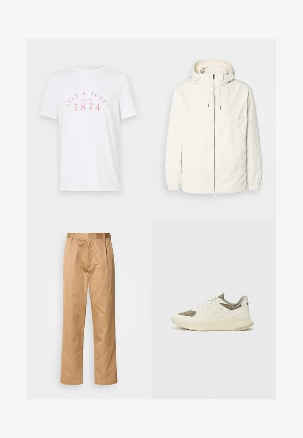 Gaisas, krēmkrāsas jaka ar kapuci, ar rāvējslēdzēju priekšpusē, elastīgām aprocēm un kangaroo kabatu. Gluda auduma virsma ar minimālām šuvju detaļām.; Balta kokvilnas T-kreklus ar īsām piedurknēm. Priekšpusē ir rozā teksts "LYLE & SCOTT ESTD 1874" ar arku izkārtojumu. Vienkārša un klasiskā stila.; Khaķi bikses, kokvilnas maisījums, taisna kāja, priekšējās krokas, jostas cilpas un pogu aizdare. Gluda tekstūra bez rakstiem.; Baltas un gaiši bež sporta apavi, ar sieta augšdaļu, perforētiem detaļām un teksturētu vidusdaļu ar zīmolu uz papēža.