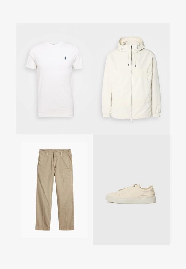 Jachetă ușoară, de culoare crem, cu glugă, fermoar în față, manșete elastice și buzunar tip kangaroo. Material neted cu detalii de cusătură minime.; Tricou alb din bumbac, cu guler rotund. Are un mic logo bleumarin pe pieptul stâng. Maneci scurte, textură netedă.; Chino bej cu picior drept, cu bucle pentru curea, închidere cu nasture și fermoar în față, și buzunare laterale înclinate.; Adidași din piele bej cu vârful rotunjit, design minimalist, detalii subtile de cusătură și un superior texturat, pe o talpă deschisă.