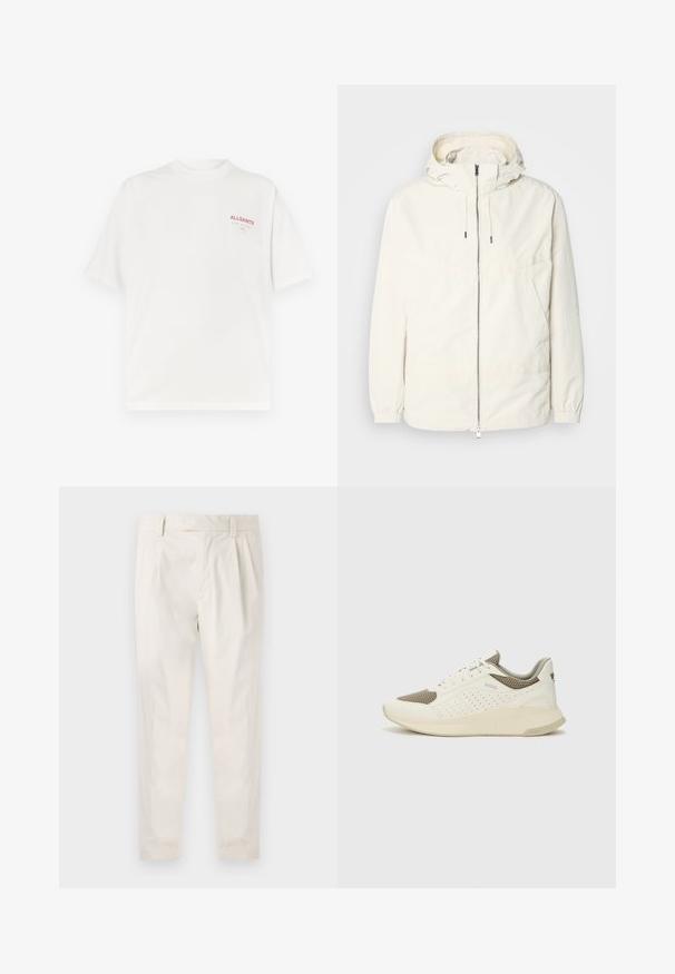Ľahká, krémová bunda s kapucňou, zipsom vpredu, elastickými manžetami a klokannou vreckom. Hladká tkanina s minimálnymi stehovými detailmi.; Biele bavlnené tričko s okrúhlym výstrihom, krátkymi rukávmi a červeným logom na ľavej hrudi, s hladkou textúrou a voľným strihom.; Biele plisované nohavice s prispôsobeným strihom, s hladkou textúrou, pútkami na opasok a zúženými nohavicami. Žiadne viditeľné vrecká ani vzory.; Biele a svetlo béžové športové tenisky s hornou časťou z mriežkového materiálu, perforovanými detailmi a textúrovanou medzipodrážkou s logom na päte.