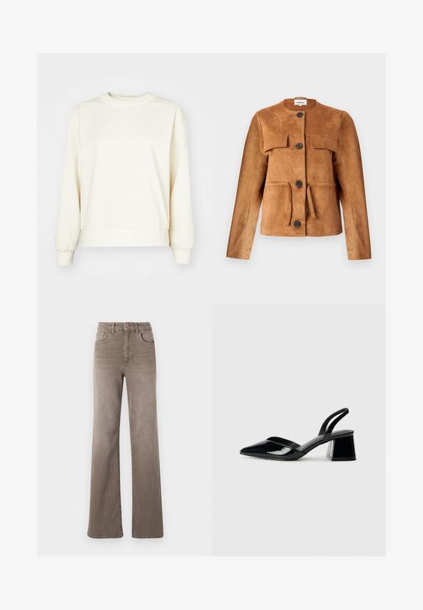 Barna nubuk bőrdzseki kerek nyakkivágással, elülső zsebekkel és gombos záródással. Fitted fazonnal és texturált felülettel rendelkezik.; Krém színű pulóver, puha anyagból készült, hosszú ujjú, kerek nyakkivágással, bordázott szegéllyel és mandzsettával. Sima textúra, minimalista design.; Barna, magas derekú, egyenes szárú farmernadrág elülső gombbal, övhurkokkal és klasszikus öt zsebes kialakítással, fehér háttér előtt.; Fekete lakk bőr szandálkés magas sarkú cipő, hegyes orral és geometrikus tömbsarkakkal. Karcsú, minimalista dizájn és sima textúra jellemzi.