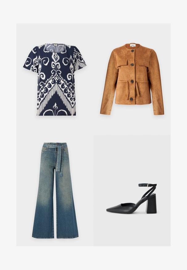 Hnedá semišová bunda s okrúhlym výstrihom, prednými vreckami a zapínaním na gombíky. Má priliehavý strih a textúrovaný povrch.; Námornícky modrý top s bielym abstraktným kvetinovým a geometrickým vzorom. Okrúhly výstrih, krátke rukávy, mäkká látka s mierne textúrovaným povrchom.; Džínsy s širokými nohavicami, ktoré majú prechod od svetlomodrej po tmavomodrú, vysoký pás, pútka na opasok a opasok z rovnakého materiálu. Textúrovaný denimový povrch.; Čierne kožené lodičky s špicatou špičkou a členkovým remienkom, s masívnym podpätkom. Hladký povrch, elegantný dizajn a minimalistická estetika.