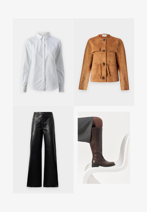 Ruda suedinės striukės su apvaliu iškirpimu, priekinėmis kišenėmis ir mygtukų užsegimu. Pasižymi prigludusia siluetu ir tekstūruota apdaila.; Balta marškinėliai su mygtukais, pagaminti iš lygios medvilnės, su klasikiniais apykaklės, ilgomis rankovėmis ir lenktu kraštu. Mygtukai maži ir balti.; Juodos aukšto juosmens plačios kojų dirbtinės odos kelnės su priekiniais mygtukais, užtrauktuku, diržo kilpomis ir šoninėmis kišenėmis ant balto fono.; Rudos odinės iki kelių botai su apvalia nosimi, lygiu paviršiumi ir minimaliais siuvinėjimais, laikomi prieš šviesų foną ant baltos kėdės.