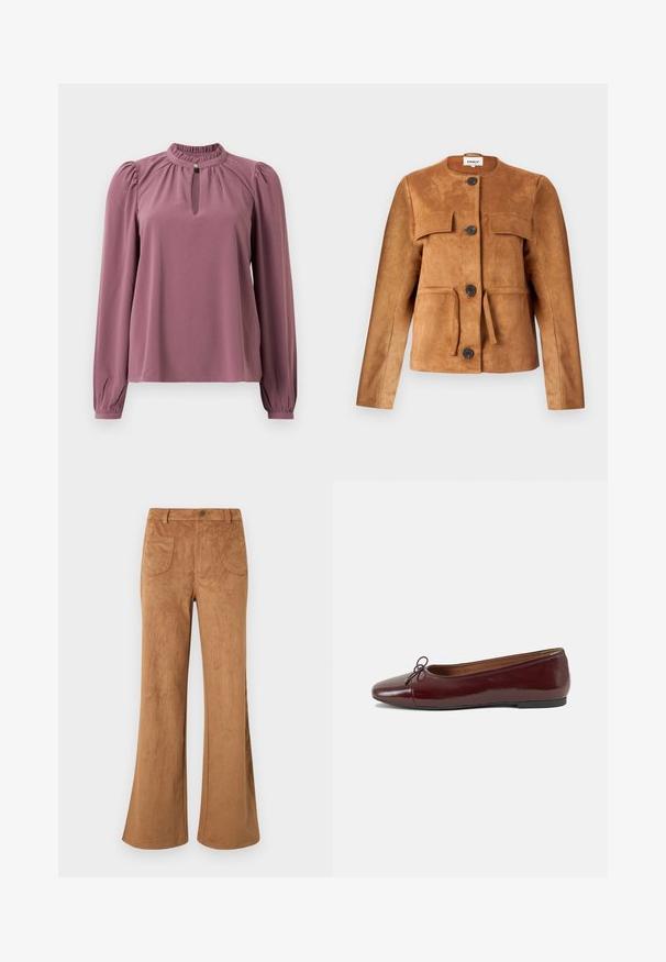Casaco de camurça castanho com decote redondo, bolsos frontais e fechos de botão. Apresenta um silhueta ajustada e um acabamento texturizado.; Blusa de manga longa em cor malva com gola franzida, decote em forma de olho de fechadura com fechamento por botão e ombros ligeiramente bufantes.; Calças flared em camurça castanha com uma cintura alta, bolsos dianteiros e traseiros, e uma textura suave. Projetadas para um ajuste relaxado ao longo da perna.; Bailarinas em couro sintético borgonha com bico redondo, pequeno laço na frente e sola baixa em borracha preta. Textura suave.