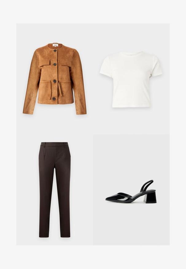 Rjava nubuk jakna s okroglim izrezom, sprednjimi žepi in gumbi za zapiranje. Ima oblikovano silhueto in teksturiran zaključek.; Kratka bela majica iz bombaža s kratkimi rokavi, okroglim ovratnikom in ravnim robom, ki ima gladko teksturo in minimalističen dizajn.; Brahne prilagojene hlače s gladko teksturo, ki vključujejo sprednje žepke, raven sprednji dizajn in ožji kroj.; Črne lakirane slingback pete s koničastim nosom in geometrijsko blokasto peto. Imajo eleganten, minimalističen dizajn in gladko teksturo.