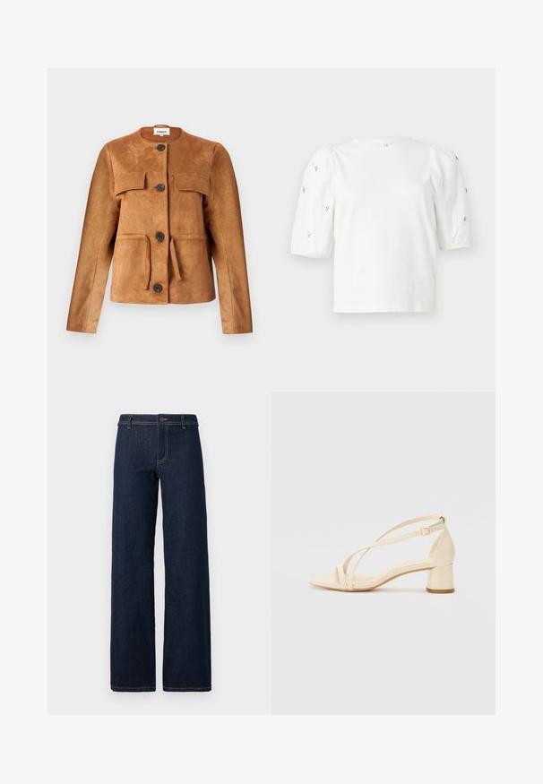 Casaco de camurça castanho com decote redondo, bolsos frontais e fechos de botão. Apresenta um silhueta ajustada e um acabamento texturizado.; T-shirt branca de algodão com mangas puff curtas, apresentando pequenos embellissements prateados ao longo das mangas. Decote redondo clássico, corte descontraído.; Jeans de perna larga em lavagem escura, com um design clássico de cinco bolsos, feitos de denim, apresentando costura dourada e um fecho de botão na cintura.; Sandálias de salto bege com salto bloco, design com tiras e correia no tornozelo ajustável, feitas de material sintético liso com acabamento mate.