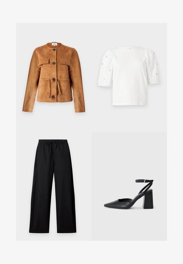 Brun semsket skinnjakke med rund hals, forbipasserende lommer og knappelukking. Har en tettsittende silhuett og strukturert overflate.; Hvit bomull T-skjorte med korte pufferm, med små sølvdekorasjoner langs ermene. Klassisk rund hals, avslappet passform.; Sorte vide benbukser med elastisk talje og snor. Lavet af letvægtsstof, med en glat tekstur og simpelt design.; Svart lær pumps med spiss tå, ankelrem og kraftig hæl. Flat tekstur, strømlinjeformet design og minimalisme.