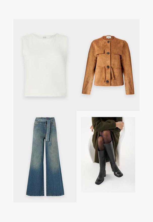 Barna nubuk bőrdzseki kerek nyakkivágással, elülső zsebekkel és gombos záródással. Fitted fazonnal és texturált felülettel rendelkezik.; Fehér, rövidített, ujjatlan felső sima anyagból, kerek nyakkivágással és minimalista dizájnnal, a GAP logóval középen.; Bőszárú farmernadrág, világos és sötétkék árnyalatokkal, magas derekú, övgyűrűkkel és a nadrággal megegyező anyagú övvel. Textúrált farmer kivitel.; Térdfelett érő fekete bőr csizmák négyzet alakú orral és tömbtalppal, olajzöld kabátban ülő modellel bemutatva. Simaság, minimalista részletezés.
