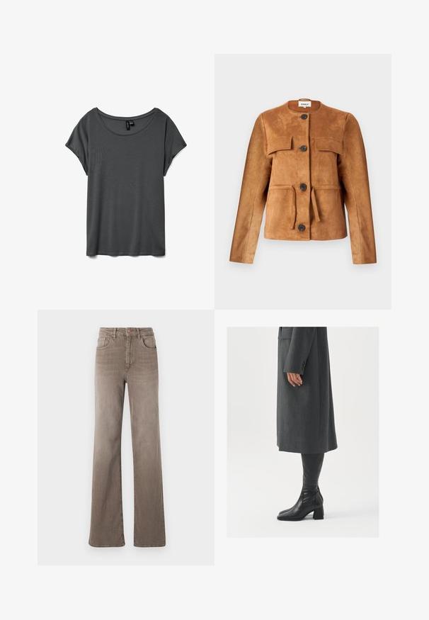 Braune Wildlederjacke mit rundem Ausschnitt, Fronttaschen und Knopfschluss. Sie hat eine taillierte Silhouette und eine strukturierte Oberfläche.; Graues Kurzarm-T-Shirt mit weitem Rundhalsausschnitt, aus weichem Material und lässigem Schnitt. Keine sichtbaren Muster oder Akzente. Glatte Textur.; Braune hoch taillierte Straight-Leg-Jeans mit vorderem Knopf, Gürtelschlaufen und klassischem Fünf-Taschen-Design auf weißem Hintergrund.; Grau, maßgeschneiderter Überwurf mit geradem Schnitt; kombiniert mit knöchelhohen, schwarzen Lederstiefeln mit quadrater Zehenform und klobigem Absatz.