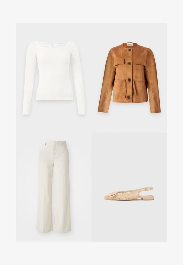 Brun suedepels med en rund halsudskæring, forlommer og knaplukninger. Har en figursyet silhuet og tekstureret overflade.; Hvid langærmet ribbet top med firkantet udskæring, lavet af blødt stof. Har et tætsiddende design og sømløse kanter for et rent udseende.; Bredde ben-bukser i en lys beige farve, lavet af et glat stof. Har en klassisk talje og flad front med rene linjer.; Beige snørebånd flade sko med blomstermønster, rund tå og lille spænde detalje. Flad hæl og åbne sider for åndbarhed.