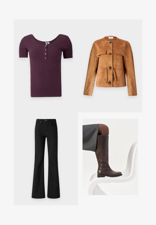 Casaco de camurça castanho com decote redondo, bolsos frontais e fechos de botão. Apresenta um silhueta ajustada e um acabamento texturizado.; Camiseta henley de manga curta em tom ameixa roxa, com decote em u e quatro botões de pressão prateados na parte frontal.; Jeans pretos de perna larga feitos de denim com cintura alta, apresentando cinco bolsos, botão frontal e fecho de zíper, textura suave.; Bota de couro castanha até ao joelho com bico arredondado, textura suave e detalhes de costura mínimos, colocada contra um fundo claro em uma cadeira branca.