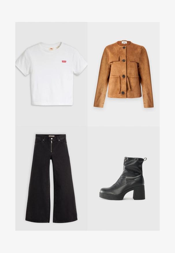 Brown suede jacket with a round neckline, front pockets, and button closures. Features a fitted silhouette and textured finish.; White cropped t-shirt made of cotton. Features a round neck and short sleeves. Small red Levi's logo on the chest. Smooth texture.; Wide-leg jeans in black denim with a zippered front, five-pocket design, and subtle stitching details. Smooth texture and casual style.; Black ankle boots made of smooth leather, featuring a side zipper, chunky textured heel, and rounded toe design.