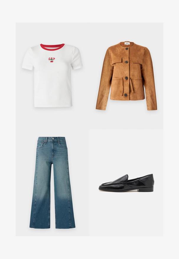 Rjava nubuk jakna s okroglim izrezom, sprednjimi žepi in gumbi za zapiranje. Ima oblikovano silhueto in teksturiran zaključek.; Bela kratkodlaka majica s crvenim rebrastim ovratnikom, sa vezom "GAP" i dizajnom trešnje na prednjem dijelu. Napravljena od rebrastog materijala.; Široke jeans hlače v srednji modri pranju, z gradientnim učinkom od temnejše do svetlejše. Narejene iz denima s tradicionalnim petim žepom.; Črne usnjene loaferje z gladko obdelavo, ki imajo šivano zasnovo ob sprednjem robu in nizko, kvadratno peto.