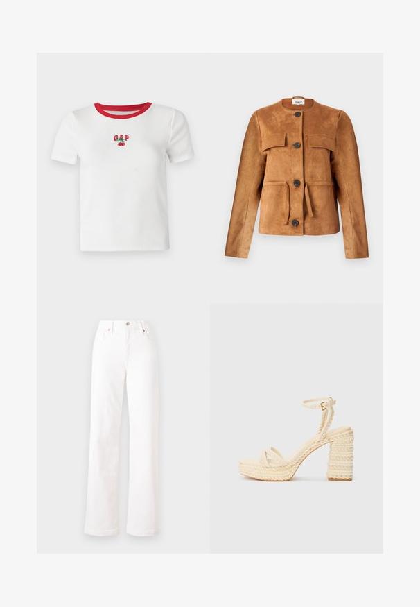 Pruunest sametist jakk, millel on ümmargune kaelus, esipockets ja nupud. Omab keha lähedast siluetti ja tekstureeritud viimistlust.; Valge lühikeste varrukatega T-särk punase sooniku kraega, mille esiplaanil on broderi "GAP" tekst ja kirsikujundus. Valmistatud soonikust kangast.; Valged denim püksid kõrge vöökoha, sirge sääre, viie tasku ja vasktooni detailidega. Kangas on sile ja veidi veniv.; Bežid strappy kontsadaded, millel on punutud jute platvorm ja kand, õhukese pahkluu rihmaga ning siledat jalanõud.
