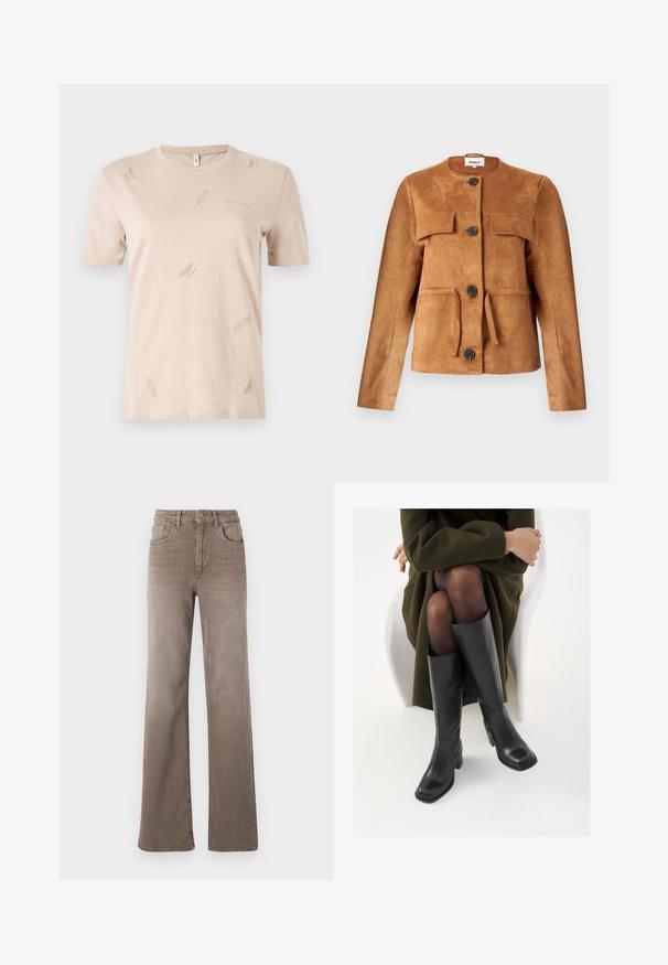 Braune Wildlederjacke mit rundem Ausschnitt, Fronttaschen und Knopfschluss. Sie hat eine taillierte Silhouette und eine strukturierte Oberfläche.; Beige Baumwoll-T-Shirt mit Rundhalsausschnitt. verfügt über kleine, dezente Feder-Muster in einem helleren Farbton. Kurze Ärmel, normale Passform.; Braune hoch taillierte Straight-Leg-Jeans mit vorderem Knopf, Gürtelschlaufen und klassischem Fünf-Taschen-Design auf weißem Hintergrund.; Knöchelhöhe schwarze Lederstiefel mit quadrater Spitze und Blockabsatz, gezeigt mit einem Modell, das einen olivgrünen Mantel trägt. Glatte Textur, minimale Details.