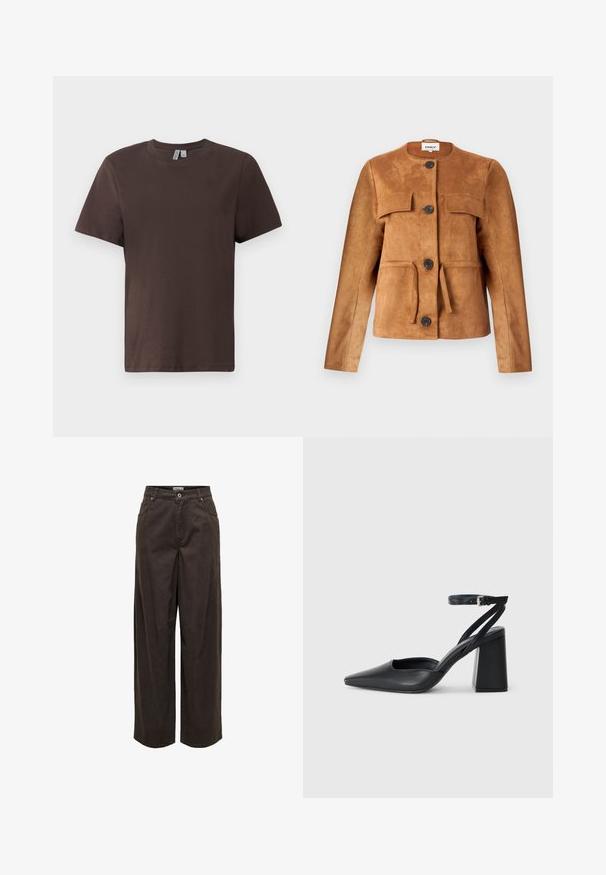 Brun semsket skinnjakke med rund hals, forbipasserende lommer og knappelukking. Har en tettsittende silhuett og strukturert overflate.; Brun bomull t-skjorte med rund hals, korte ermer og en avslappet passform. Glatt tekstur uten synlige mønstre eller utsmykninger.; Videbukser i mørkebrun, lavet af bomuld, med en klassisk talje, lynlås, fem lommer og minimalistiske syninger.; Svart lær pumps med spiss tå, ankelrem og kraftig hæl. Flat tekstur, strømlinjeformet design og minimalisme.