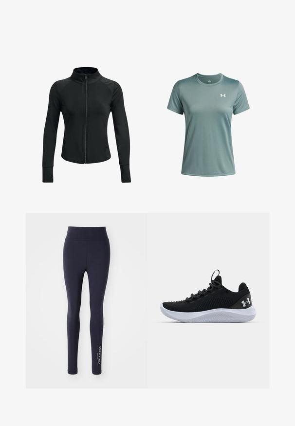 Črna športna jakna z visokim ovratnikom, polnim zadrgo, dolgimi rokavi in teksturiranimi ramenimi akcenti. Narejena iz gladkega, elastičnega materiala.; Svetlozelena kratka majica s kratkimi rokavi, izdelana iz gladkega, dihalnega materiala. Ima okroglo ovratnico in majhen bel logotip na levem prsnem delu.; Mornarsko modre športne legice z visokim pasom in gladko teksturo, s tekstom "ONLY PLAY ATHLEISURE" v beli barvi na spodnjem delu noge.; Črne športne copate z zračnim mrežastim zgornjim delom, strukturnimi detajli in belo gumijasto podplat. Imajo ravne vezalke in zanko na peti.