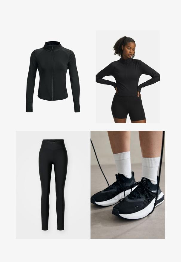 Juoda sportinė striukė su aukšta apykakle, visiškai užtraukiama, ilgomis rankovėmis ir tekstūruotomis pečių detalėmis. Pagaminta iš lygios, elastinės medžiagos.; Juoda ilgomis rankovėmis sportinė palaidinė su pusiau užtraukiama apykakle, derinama su juodomis šortais. Ypatybės: tamprus, sklandus audinys, prigludęs dizainas.; Juodos leggingai, pagaminti iš elastinės medžiagos, turintys aukštą, kryžminį juosmenį ir prigludusį dizainą. Lygus paviršius, be matomų raštų ar akcentų.; Juodi sportiniai batai su tekstūruotu audiniu, balta padu ir juodais raiščiais. Dėvimi su baltais raištiniais kojiniais, stovint lengvame paviršiuje.