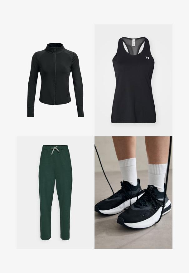 Schwarze Sportjacke mit hohem Kragen, durchgehendem Reißverschluss, langen Ärmeln und strukturierten Schulterakzenten. Hergestellt aus einem glatten, dehnbaren Stoff.; Schwarz sportliches Tanktop aus strukturiertem Material, mit Racerback-Design und dezentem Logo-Detail auf der Brust. Leicht und atmungsaktiv.; Grüne Jogginghose mit einem Kordelzugbund aus strukturiertem Material, ausgestattet mit einer gemusterten Schleife, geraden Beinen und ohne sichtbare Taschen.; Schwarze Sportschuhe aus strukturiertem Stoff, mit weißer Sohle und schwarzen Schnürsenkeln. Tragen mit weißen gerippten Socken, stehen auf einer hellen Fläche.