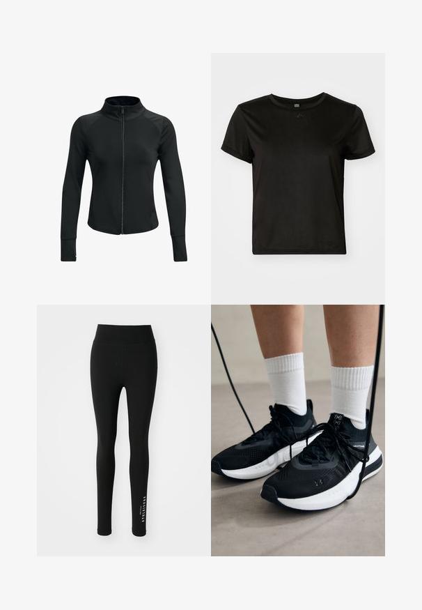 Must have käekott must sportlik jakk kõrge kraega, täispikk tõmblukk, pikad varrukad ja tekstureeritud õlavarre aktsendid. Valmistatud sujuvast ja venivast kangast.; Must muströöpidega lühikeste varrukatega t-särk, mis on valmistatud siledast kangast, ringkraega ja vabalt lõigatud. Sisaldab minimaalseid disainielemente.; Musthave mustrõngastest kangast mustad retuusid. Kõrge vöökoht ja sile tekstuur. Alumise jala ääres on valge kiri "ATHELEISURE".; Mustad mustad jalanõud tekstuuritud kangast, valge tallaga ja mustade paeltega. Kanna valgete soonikkudega sokkide sisse, seistes helesinisel pinnal.